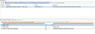 Screenshot of Trados Studio QA Checker 3.0 showing an empty translation error for segment one, but no error for the 'Not Translated' status in segment two.