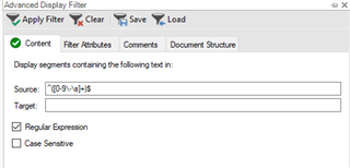Trados Studio Advanced Display Filter window showing a regex input in the Source field to filter segments containing numbers, hyphens, and spaces.