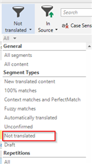 Display filter dropdown in Trados Studio with 'Not translated' option highlighted in red.