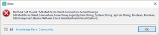 Error message window in Trados Studio showing 'Method not found' error with details of the missing method in Sdl.MultiTerm.Client.Connectors.