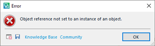 Error message window in Trados Studio displaying 'Object reference not set to an instance of an object' indicating a null reference exception.