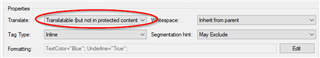 Trados Studio screenshot showing a dropdown menu with the option 'Translatable, but not in protected content' highlighted.