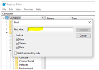 Registry Editor window with the Find dialog open, showing a highlighted field where 'LDSRClient15' is typed in for searching.