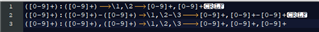 Screenshot of a regular expression rule in Trados Studio with the text: '(0-9+):(0-9+) =>1,2 0-9+,0-9+' and an error message 'Invalid group'