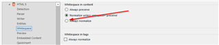 Trados Studio screenshot showing the 'Whitespace handling' options with 'Normalize whitespace' selected and an arrow pointing to it.