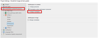 Trados Studio Project Settings window showing 'Embedded Content Processors' selected with 'Always normalize' option checked under 'Whitespace in content'.