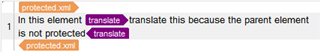 Screenshot of Trados Studio with XML code, highlighting 'translate' element inside 'notprotected' as translatable.