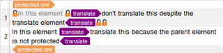 Screenshot of Trados Studio with XML code, highlighting 'translate' element inside 'protected' as not translatable with warning icons, and 'translate' inside 'notprotected' as translatable.
