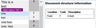 Screenshot of Trados Studio showing text 'This is a test' with a highlighted field name 'XE' followed by entries 'one', 'two', 'onetwo', and 'one: two' with corresponding codes 'F', 'F', 'P', 'P'. A 'Document structure information' panel is visible with details of the field.