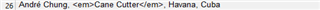 Screenshot of Trados Studio editor displaying embedded HTML code with attributes containing HTML in an XML file. The text reads: Andre Chung, Cane Cutter, Havana, Cuba.