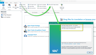 Trados Studio screenshot showing an error message 'The project can't open because the following files are missing: SDL MultiTerm Termbase'.