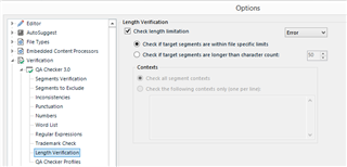 Trados Studio QA Checker options window showing Length Verification settings with options to check target segments within specific limits and if segments are longer than character count.