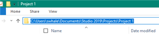 File Explorer window showing a new project folder path: C:UsersJohnDoeDocumentsStudio 2019ProjectsProject1.