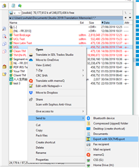 Screenshot of a file explorer window with multiple Trados Studio TM files selected. A right-click context menu is open with 'Export selected TMXMQXLZ' option highlighted.