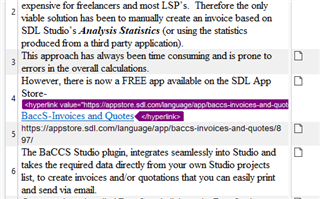 Screenshot of Trados Studio showing a text segment with a hyperlink to 'BaccS - Invoices and Quotes' on the SDL App Store.
