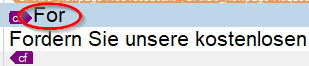 Screenshot of Trados Studio showing a segment of text with the first word 'For' circled in red, indicating a potential error or warning in the translation.
