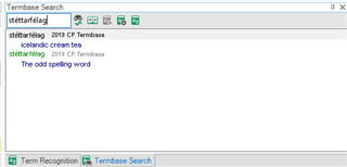 Screenshot of Trados Studio's Termbase Search window displaying results for 'st ttarf lag' with two entries: one with the acute accent and one without.