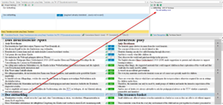 Screenshot of Trados Studio showing a term recognition pane with a red arrow pointing to a term not recognized due to different unicode encoding.