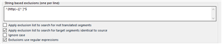 Trados Studio settings showing 'String text exclusion tags per lang' with options to apply exclusions to search for not translated segments, search for target segments identical to source, and exclude tags for regular expressions.