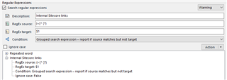 Trados Studio Regex QA check settings with a warning for 'Internal links'. Condition set to 'Grouped search expression - report if source matches but not target'. Ignore case option is checked.