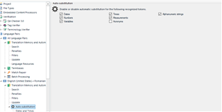 Trados Studio Project Settings window showing Language Pairs, Translation Memory and Automated Translation with Auto-substitution options for Measurements and Variables unchecked.