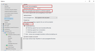 Trados Studio options menu with 'Auto-propagate exact matches to confirmed segments' unchecked and 'Prompt before autopropagating a segment' checked in red boxes.