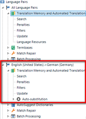 Trados Studio screenshot showing the 'All Language Pairs' expanded menu with a sub-menu for 'English (United States) - German (Germany)' highlighted.