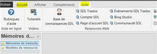 Trados Studio interface with 'Aide' tab open showing options like Rubriques d'aide, Tutoriels, Base de connaissances SDL, and Ressources Web.