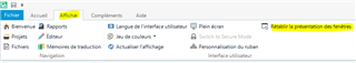 Trados Studio screenshot showing the 'Afficher' tab with an option 'R tablir la pr sentation des fen tres' highlighted in yellow.