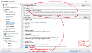 Screenshot of Trados Studio QA Checker 3.0 Regular Expression window with a red circle around the bottom of the scroll bar and text in red indicating the user pressed there to reveal the bottommost entry which is now editable.