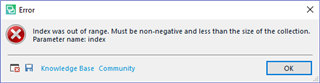 Error message window in Trados Studio stating 'Index was out of range. Must be non-negative and less than the size of the collection. Parameter name: index'.