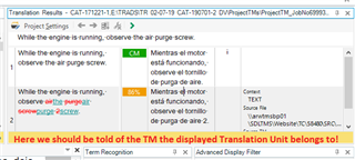 Trados Studio Translation Results window missing the TM name in the yellow stripe where it should display which TM the Translation Unit belongs to.