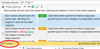 Screenshot of Trados Studio Translation Results window with a red circle highlighting the Translation Memory (TM) name 'CAT-171221-1' for the displayed segment.