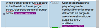 Segment in Trados Studio with a small tag at the end, indicating the location of the apparent bug.