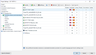 List of Translation Memories in Trados Studio with all TMs disabled, showing different file types such as SDLTM and MDB.