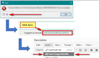 Screenshot showing an error dialog box with a red cross icon, and an arrow pointing to the 'OK' button.