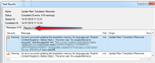 Trados Studio Task Results window showing two warnings. The first says 'An error occurred updating the translation memory for language pair English (United Kingdom)-Italian it-IT.' The second is similar for English (United Kingdom)-Danish da-DK.