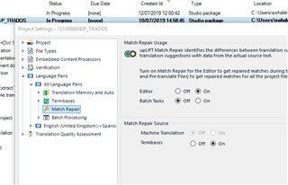 Trados Studio screenshot showing the Match Repair feature under Project Settings with options for Editor, Batch Tasks, and Machine Translation set to On.