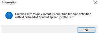 Error message in Trados Studio stating 'Failed to save target content: Cannot find file type definition with id Embedded Content SpreadsheetML v. 1'.