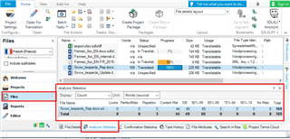 Trados Studio screenshot showing the Analysis Statistics window with counts for Total, Repetitions, 100% Matches, and Fuzzy Matches highlighted.