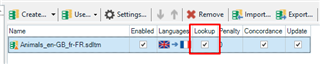 Trados Studio screenshot highlighting the unchecked 'Lookup' option in the Translation Memory settings.