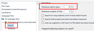Trados Studio screenshot showing the Search settings with the 'Minimum match value' field set to 70% highlighted.