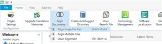 Trados Studio Welcome view showing 'Align Documents' option with submenu options 'Align Single File Pair' and 'Open Alignment'.