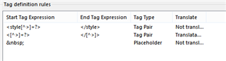 Screenshot of Trados Studio showing tag definition rules with three entries: style tag pair not translatable, p tag pair translatable, and nbsp placeholder not translatable.