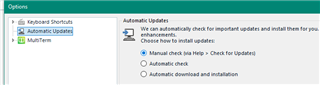 Trados Studio Options menu with Automatic Updates selected, showing options for Manual check, Automatic check, and Automatic download and installation.