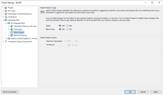 Trados Studio Project Settings window showing Match Repair option turned off to improve performance on complex files.