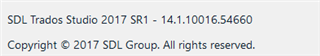 Version information for SDL Trados Studio 2017 SR1 - 14.1.10016.54660 displayed at the bottom of the program window.
