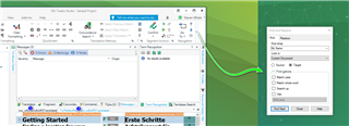 Trados Studio main window on the left with 'Getting Started' tab active, and a detached 'Find and Replace' window on the right.