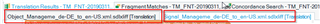 Screenshot of Trados Studio showing multiple files open with one file highlighted in red indicating an error or warning.
