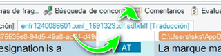 Screenshot showing Trados Studio interface with a file path highlighted, indicating the file type as .xlf.sdlxliff.